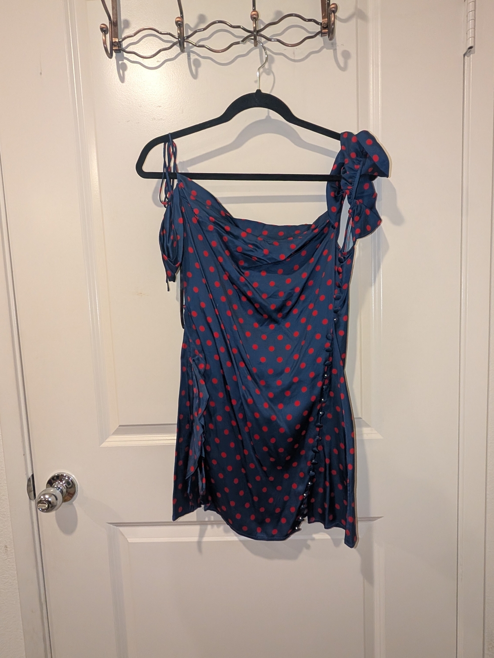 For Love & Lemons Red Navy Satin Mini Dress with Red Polka Dots